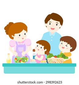 happy family cook healthy food together vector illustration