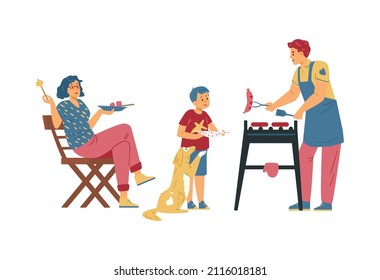 Happy family cook sausages on barbecue or grill, flat vector illustration isolated on white background. Concept of summer activities and vacation. BBQ party outdoor with man, woman and child.