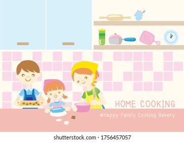 Happy Family Cooking Bakery and Food In The Kitchen Together, Dad, mom and children cooking in kitchen vector cartoon illustration 