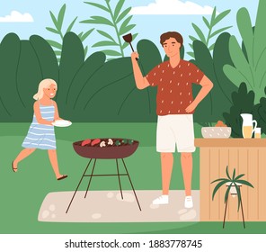 Happy family cooking barbecue at backyard vector flat illustration. Joyful father preparing vegetables and meat on grill, girl bringing plates. Parent and child preparing food for picnic