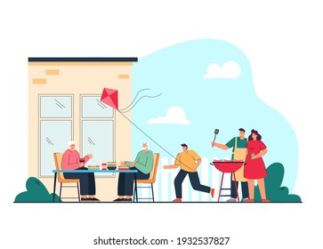 Happy family cooking BBQ at backyard flat vector illustration. Cartoon grandparents, parents and kids relaxing outdoors near house. Barbecue at garden, picnic time and leisure concept