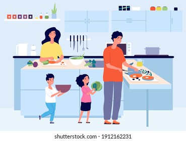 Happy family cooking. Cook on kitchen, kid mom dad eat and food preparation. Parents child make home dinner or lunch utter vector concept