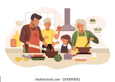 Happy family cooking in cozy bright modern kitchen. Vector flat illustration isolated on white background with parents spending time with two children, talking, laughing and eating healthy meal