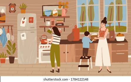 Happy family cooking dinner at kitchen together. Mother, daughter and child doing housework, household, preparing food, lunch. Home scene of daily routine, life. Flat vector cartoon illustration