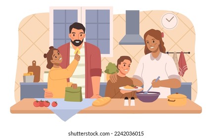 Fröhliches Familienkochen zusammen in Küche, flache Cartoon Vektorgrafik. Mutter, Vater, Tochter und Sohn verbringen Zeit zu Hause. Eltern und Kinder, die Mittag- oder Abendessen zubereiten