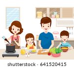 Happy Family Cooking Food In The Kitchen Together, Kitchenware, Crockery, House, Home, Room