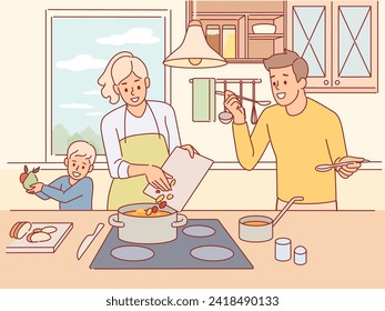 La familia feliz está cocinando comida. Almuerzo de cocina juntos, padres jóvenes con sopa de cocina infantil, madre, padre e hijo pequeño en la cocina, elaboración de la cena, dibujo del concepto de vector aislado plano aislado