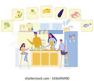 Happy Family Cooking Healthy Nutrition, Mother, Father And Kids Prepare Tasty Food On Kitchen, Fruits, Vegetables. Health, Lifestyle, Characters Choose Long Happy Life Cartoon Flat Vector Illustration