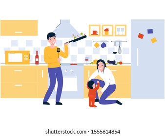 Happy family cooking healthy nutrition. Spend time with family, lifestyle, prepare tasty food on kitchen together. Flat vector modern cartoon illustration concept.