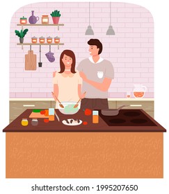 Happy family cooking healthy vegetarian food together in kitchen at table. Prepearing family dinner in cook room interior. Young couple make salad, woman cuts vegetables for useful eating home food