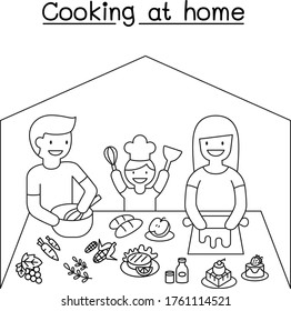 Happy family cooking at home. Mother and father with kids cook dishes in kitchen cartoon vector illustration. editable in thin line style 