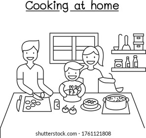 Happy family cooking at home. Mother and father with kids cook dishes in kitchen cartoon vector illustration. editable in thin line style 