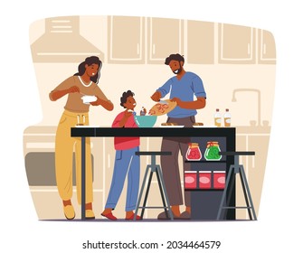 Happy Family Cooking at Home, Mother, Father and Little Son on Kitchen Background Using Different Tools for Food Preparing, Characters Spare Time Together on Weekend. Cartoon Vector Illustration