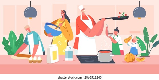 Happy Family Cooking at Home. Young Father, Mother and Kids on Kitchen Preparing Food, Parents and Children Spare Time, Weekend Recreation, Meals Preparation. Cartoon People Vector Illustration