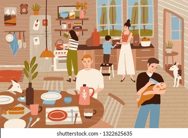 Feliz cocina familiar en la cocina y servicio de mesa. Adultos sonrientes y niños preparando comidas para cenar juntos. Escena casera. Ilustración vectorial colorida al estilo de las caricaturas planas.