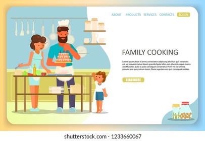 Happy family cooking landing page website template. Vector illustration of father mother with their kid preparing meals together in kitchen, making weekend dinner and cake. Family tradition idea.