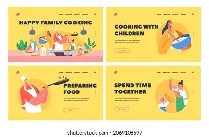 Happy Family Cooking Landing Page Template Set. Father, Mother and Kids on Kitchen Preparing Food, Parents and Children Weekend Time Recreation, Meal Preparation. Cartoon People Vector Illustration