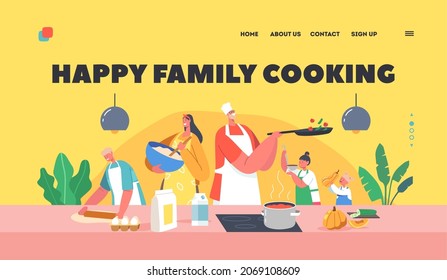 Happy Family Cooking Landing Page Template. Father, Mother and Kids on Kitchen Preparing Food, Parents and Children Spare Time, Weekend Recreation, Meal Preparation. Cartoon People Vector Illustration