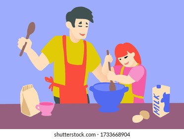 Happy family cooking. Little baby girl daughter and her dad cooking together. Father's day and household concept. Modern colorful hand drawn vector illustration in flat style.