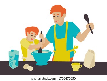 Happy family cooking. Little baby boy son and his dad cooking together. Father's day and household concept. Modern colorful hand drawn vector illustration in flat style.