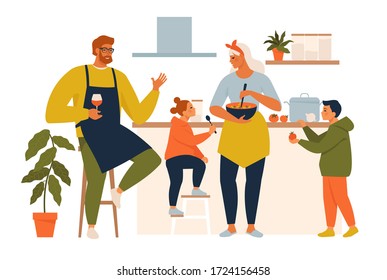 Happy family cooking. Mother and father with kids cook dishes in kitchen cartoon vector illustration. Family cooking mother, son, daughter and father on kitchen.