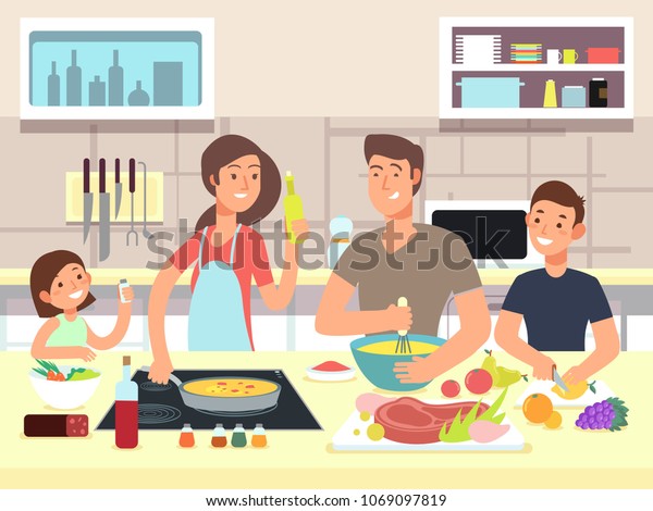 おめでとうご家族料理 子どもを持つ母親と父親は 台所の漫画のベクターイラストで料理を作る 家庭料理 お母さん とお父さんが台所に のベクター画像素材 ロイヤリティフリー