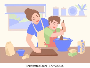 Happy family cooking. Mother and kid boy preparing homemade pastry together. Concept motherhood child-rearing. Colorful flat hand drawn vector illustration.