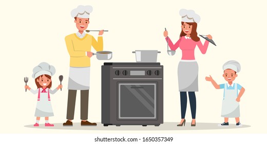 Happy family cooking together character vector design.