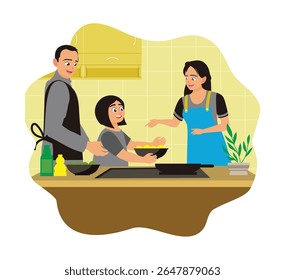 Happy family cooking together in home kitchen with modern equipment. Preparing, serving and eating food together.