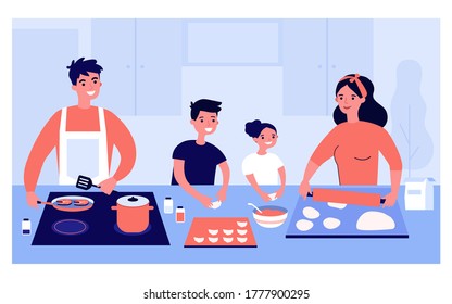 Happy family cooking together isolated flat vector illustration. Cartoon mother, son, father and daughter preparing food. Kitchen, culture and happiness concept