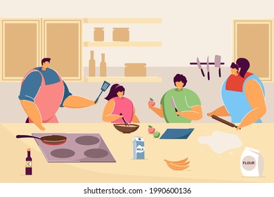 Happy family cooking together in kitchen. Cartoon mother, daughter, father and son preparing food flat vector illustration. Family activity concept for banner, website design or landing web page