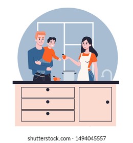 Happy family cooking together on the kitchen. Mother, father and little kid. Man and woman spend time with baby. Isolated vector illustration in cartoon style