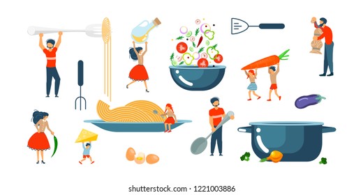 Happy Family Cooking Together Set For Cooking Master Class In Flat. Dad, Mom, Daughter, Son Enjoys Of Cookery. Vector Illustration Eps 10