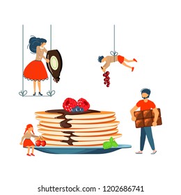 Happy family cooking together a sweetness pancakes concept. Poster, banner template for cooking master class in flat. Dad, mom, daughter, son enjoys of cookery. Vector illustration eps 10