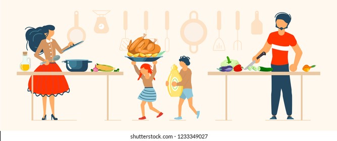 Happy family cooking together a turkey for thanksgiving day concept. Poster, banner template for cooking master class in flat. Dad, mom, daughter, son enjoys of cookery. Vector illustration eps 10