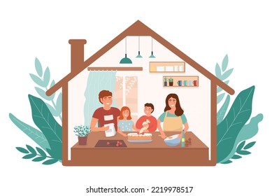 Una familia feliz cocina un pastel en la cocina. Mamá, papá, los niños pasan tiempo juntos. Gráficos vectoriales.