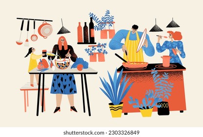 Happy family cooks food together. Parents and two daughters in the kitchen. Home food concept. Vector illustration in flat style