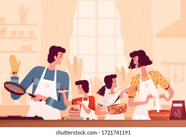 Happy family cooks pancakes in the kitchen. Mom, dad, son and daughter are cooking together. Parents spend time with their children svg