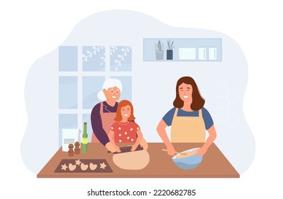 A happy family cooks together in the kitchen. Mother, grandmother, granddaughter make cookies, knead dough, help each other. Vector graphics.