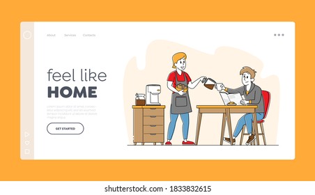 Happy Family Couple Characters Breakfast, Landing Page Template. Young Man Sitting at Table Woman with Fresh Bakery in Hands Pour Hot Coffee in Cup, Morning Routine. Linear People Vector Illustration