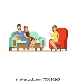 Happy family couple characters talking to female psychologist about their problems, psychotherapy counseling, psychologist having session with patient vector Illustration