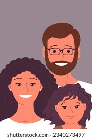 Happy family couple with a child. Father, mother and little daughter. Welcome gesture. Flat vector illustration people