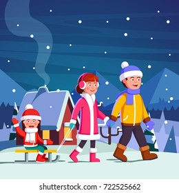 Happy family couple with child on sled walking on snow in winter outdoors scenery. Smiling husband & wife holding hands strolling together. Girl enjoying sledding waving hand. Flat vector illustration