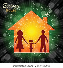 A happy family couple with children standing together in front of their house. Vector illustration for home, real estate, residential area concept. Sun Sunburst Pattern. Hand drawn 