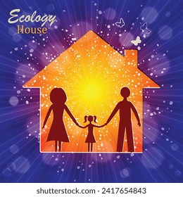A happy family couple with children standing together in front of their house. Vector illustration for home, real estate, residential area concept. Sun Sunburst Pattern. Hand drawn 