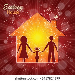 A happy family couple with children standing together in front of their house. Vector illustration for home, real estate, residential area concept. Sun Sunburst Pattern. Hand drawn 
