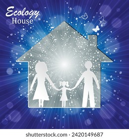 A happy family couple with children standing together in front of their house. Vector illustration for home, real estate, residential area concept. Sun Sunburst Pattern. Hand drawn 