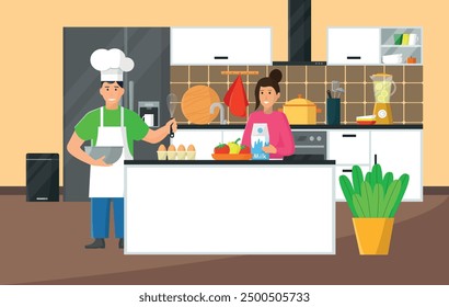 Happy family couple cooking together in the kitchen. Vector illustration in flat style.