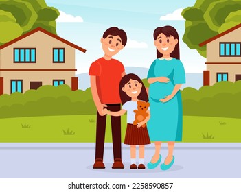 Happy family couple with daughter walking outdoors. Pregnant woman, husband and their daughter standing together in front of their house cartoon