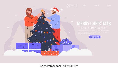 Happy family or couple decorate christmas tree together with garland and baubles. Christmas and new year banner, flyer, landing page. Trendy characters celebrate winter holidays and x-mas at home.